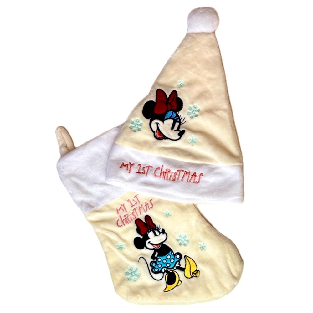 Disney’s Minnie Mouse Unisex My First Christmas Butter Yellow Hat and Stocking